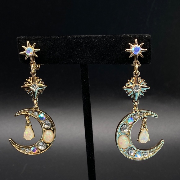 Celestial Opal AB Rhinestone Earrings Gold Tone Pierced Long Dangle - Picture 8 of 10